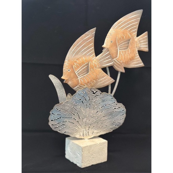 Coastal Decor "Wooden Angel Fish w/Metal accents on Stone base" Mixed Media - Picture 2 of 9